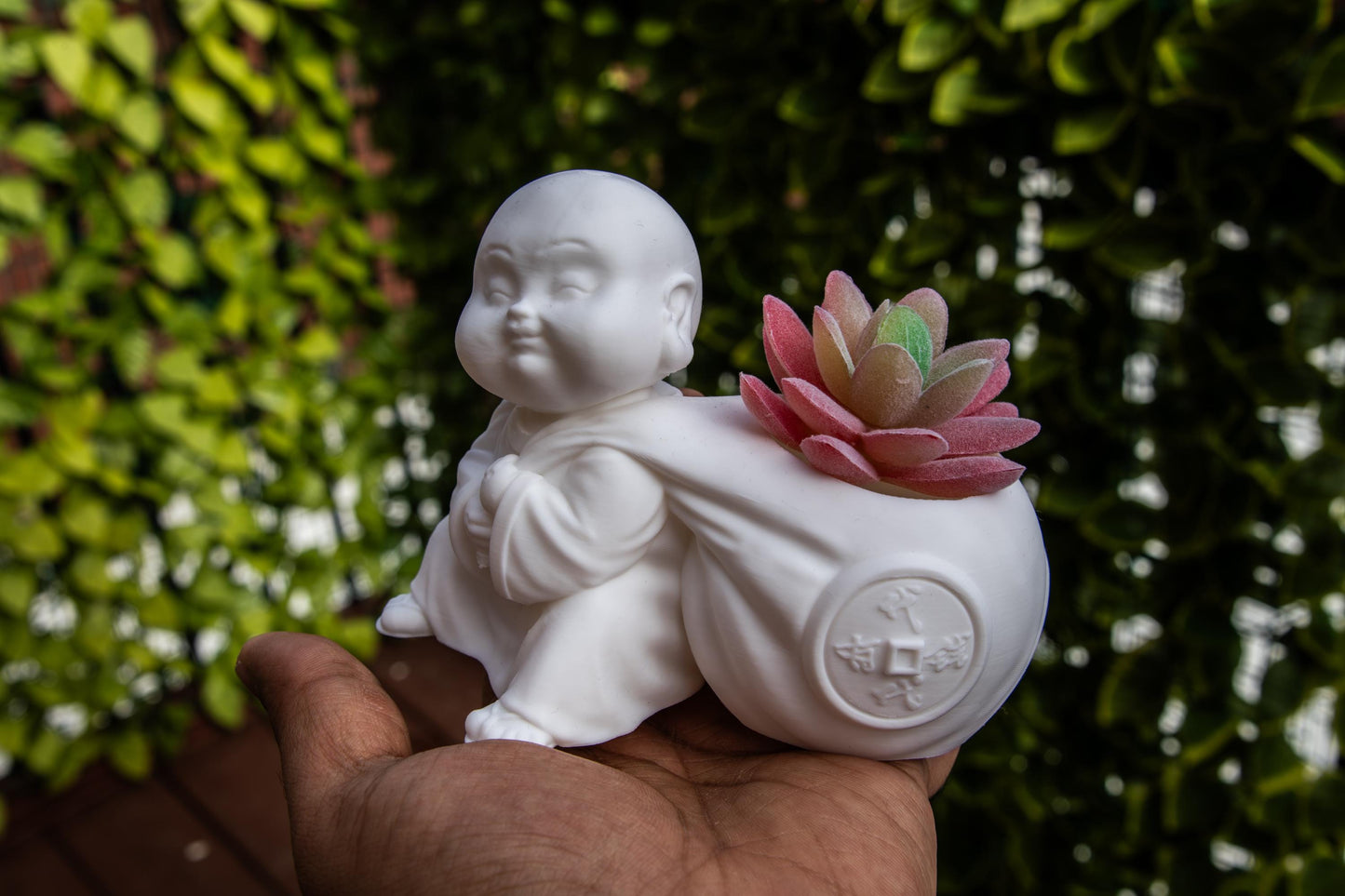 Laughing buddha with Wealth Bag succulent – Feng Shui Wealth & Luck Statue | Spiritual Home Décor |