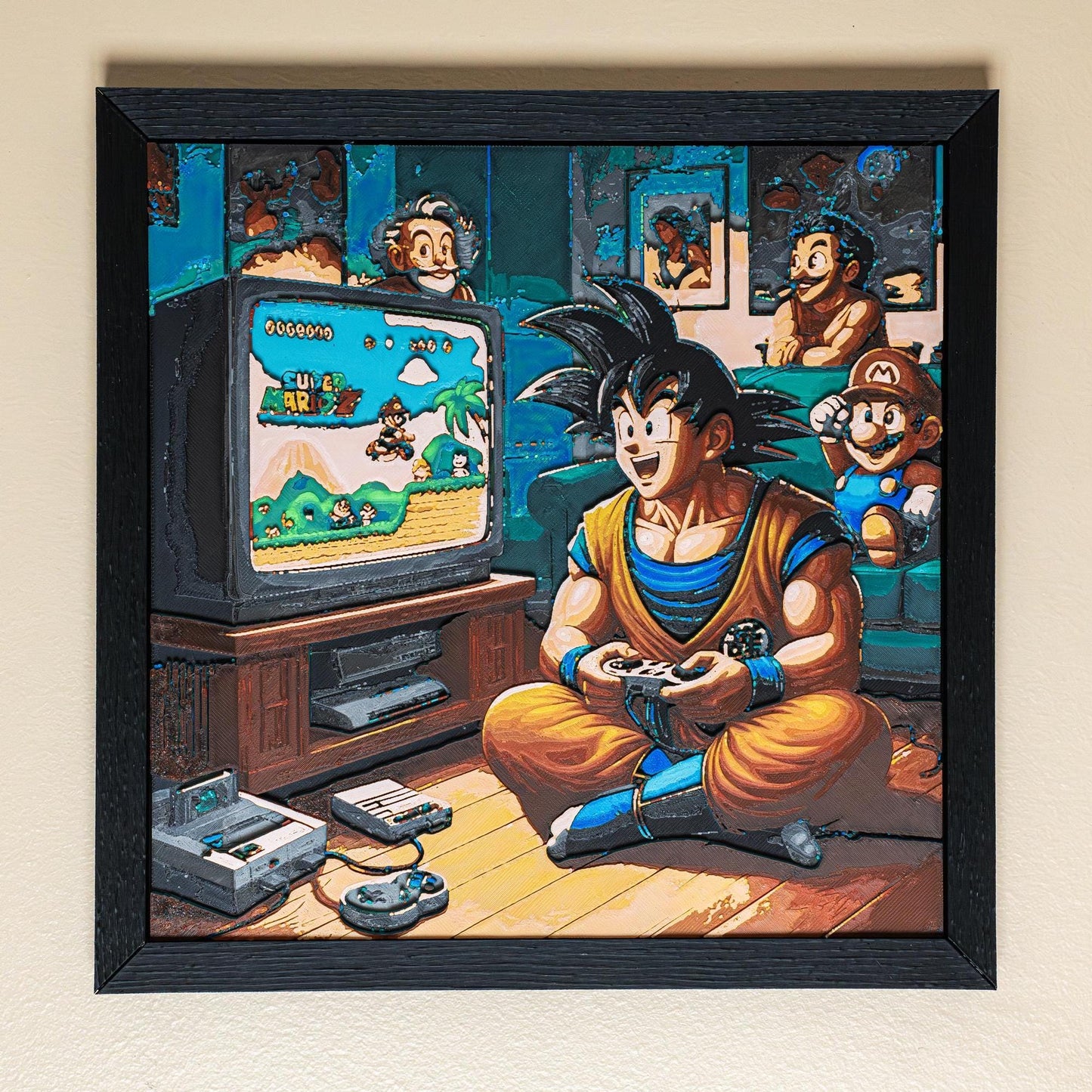 Dragon Ball Z Wall Art - Goku Playing Mario 3D Printed Filament Painting | Unique Home Decor Gift