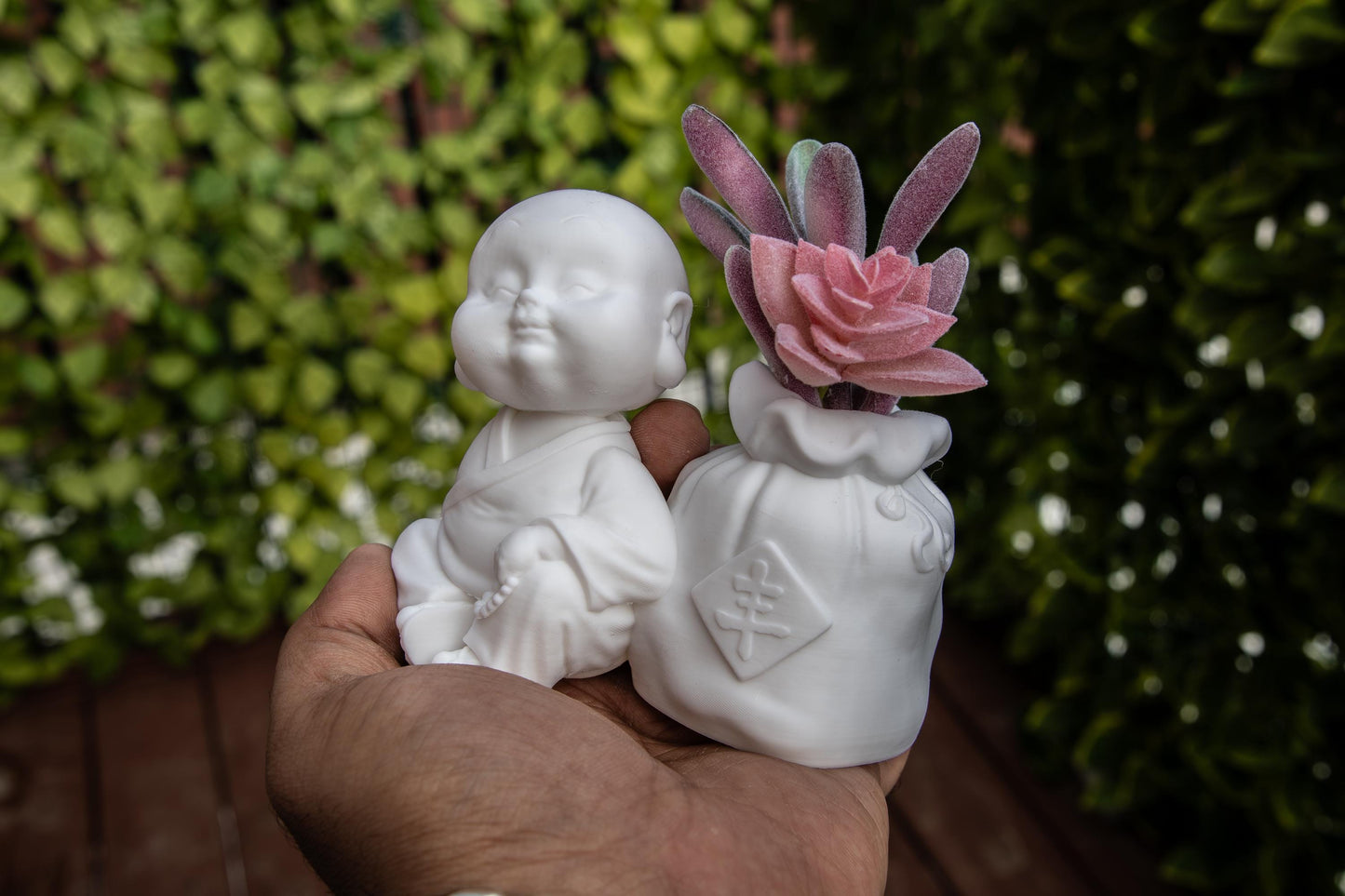 Cute Monk with Wealth Bag Succulents – Feng Shui Home Decor, Symbol of Abundance, Meditation Gift