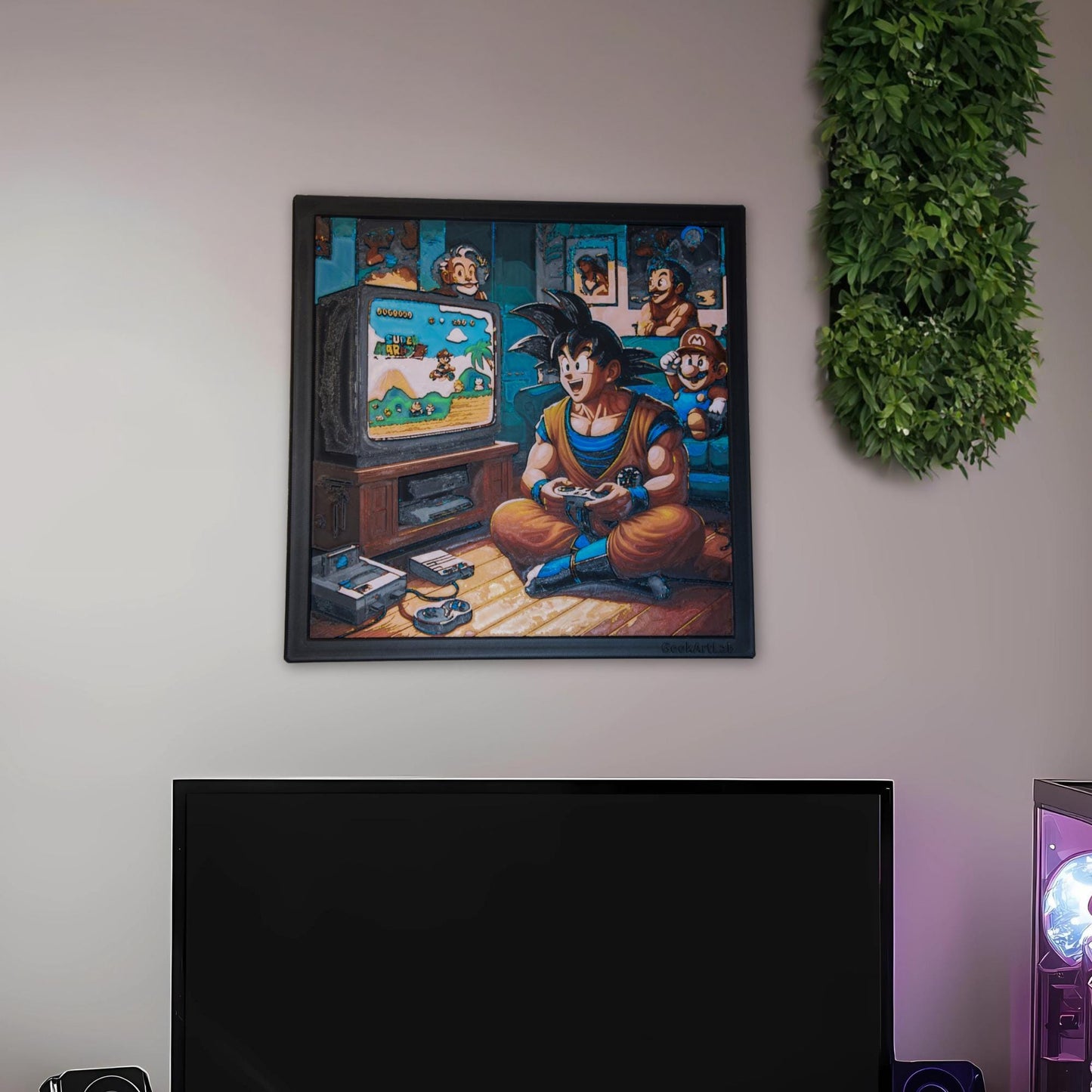 Dragon Ball Z Wall Art - Goku Playing Mario 3D Printed Filament Painting | Unique Home Decor Gift