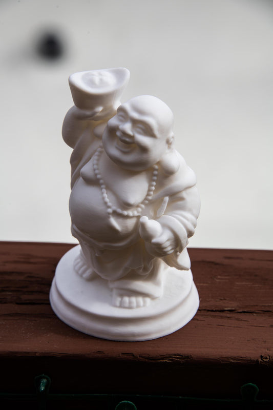 Laughing Buddha Holding Gold Ingot – Feng Shui Wealth & Happiness Statue | Prosperity and Luck Charm | Spiritual Home Decor