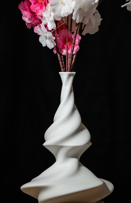 Modern 3D Printed Spiral Twist Vase with Cherry Blossom Arrangement | Unique Home Decor