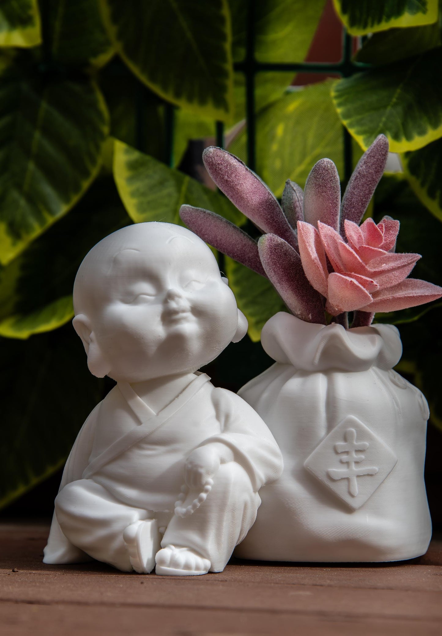 Cute Monk with Wealth Bag Succulents – Feng Shui Home Decor, Symbol of Abundance, Meditation Gift