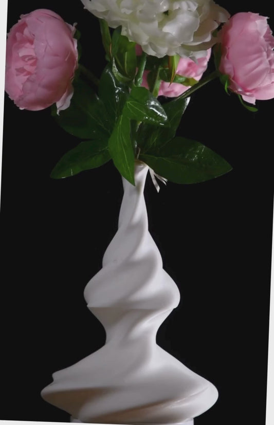 Modern 3D Printed Spiral Twist Vase with Cherry Blossom Arrangement | Unique Home Decor